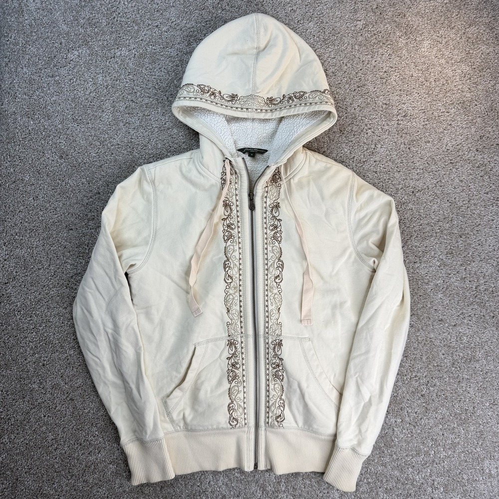 Eddie Bauer Hoodie Womens Medium White Fleece Lined Full Zip Floral Embroidered